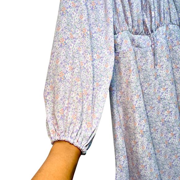 GU Lilac Floral Smocked Waist Long Sleeve Midi Dress M - Picture 2 of 8
